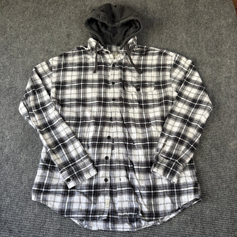 American Eagle Mens Large Tall Black White Plaid Hooded Flannel Shirt LT 4232